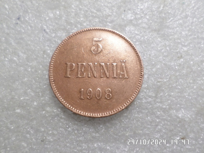 5 penniä  1908   Kulkematon     kl 9