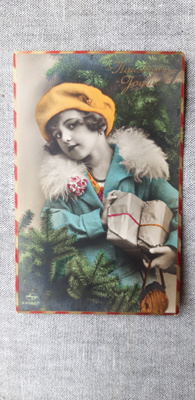Antiikki joulukortti, sievä tyttö, kortti kulkenut 1920 luku