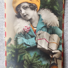 Antiikki joulukortti, sievä tyttö, kortti kulkenut 1920 luku - pikkukuva 1