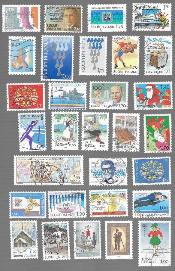 30 KPL ERILAISIA LEIMATTUJA 1987-9 SUOMALAISIA POSTIMERKKEJÄ