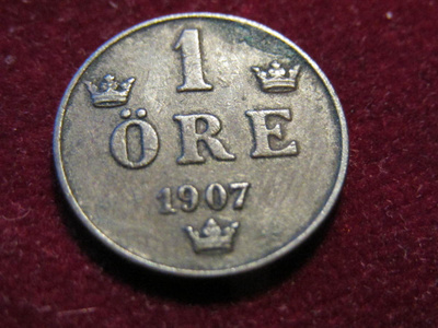 1  öre 1907 Ruotsi-Sweden. Oscar II