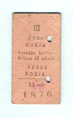 Junalippu Äetsä-Nokia 1947, pieni, pahvia.
