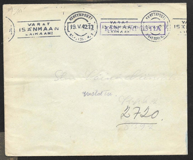 Postilähetys - Kenttäposti + KPK 1 19.5.1942