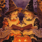 Halloween noitatytöt lukevat kirjaa - pikkukuva 1