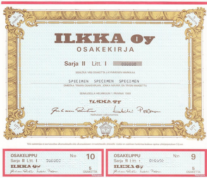 OKK 1989 Ilkka Oy spec, Seinäjoki pörssi osakekirja