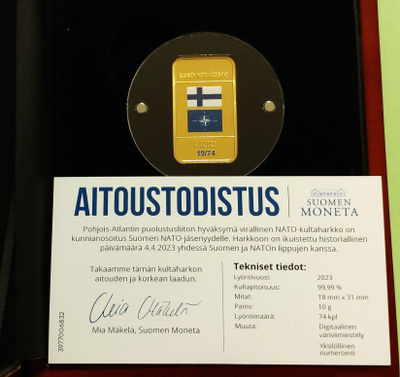 10 g 9999 NATO kultaharkko, vain 74 kpl. HARVINAISUUS.
