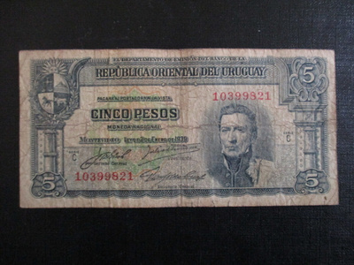 URUGUAY 5 PESOS 1939 KL4 (K16-S47)