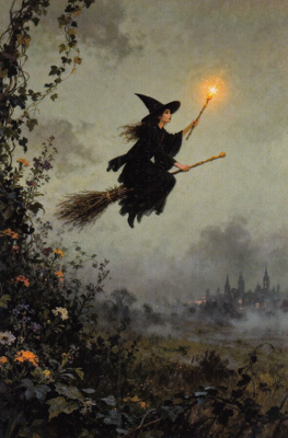 Halloween noita lentää luudalla, kädessä taikasauva