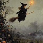 Halloween noita lentää luudalla, kädessä taikasauva - pikkukuva 1