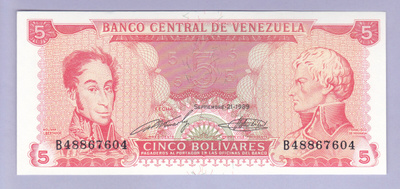 Venezuela 5 Bolivares v.1989 UNC P-70