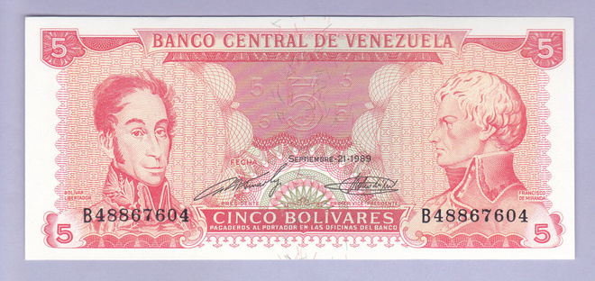 Venezuela 5 Bolivares v.1989 UNC P-70