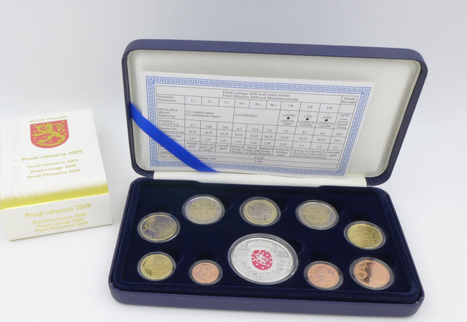 SUOMI 2009 PROOF-setti  1c-1e + 2e CC + 2e CC + hopeamitali