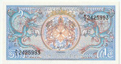Bhutan 1 ngultrum 1986 pakkasileä seteli.