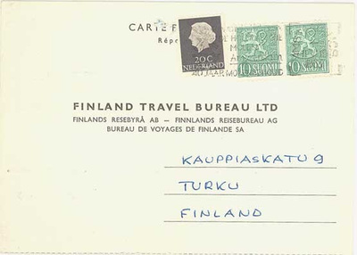 M54 1954 10 (mk) pari vastauskortti Hollannista
