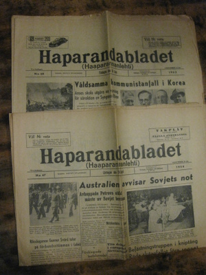 Sanomalehti :  Haparandabladet  2kpl , 50-luku