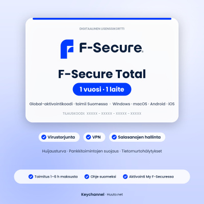 F-Secure Total avain 1 laite / 1 vuosi – toimitus 1–6 h