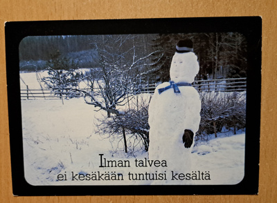 valokuvakortti, lumiukko, käsipostia 1988