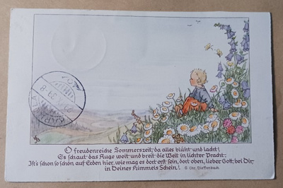B-S: Lapsi vuoristoniityllä + runo, p. 1939 Saksasta Suomeen