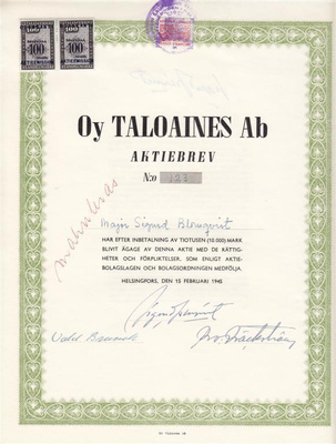 OKK 1945 Taloaines Oy, Helsinki osakekirja