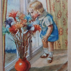 Jenny Nyström: Tyttö seisoo ikkunalaudalla, kukkia, p. 1940 - pikkukuva 1