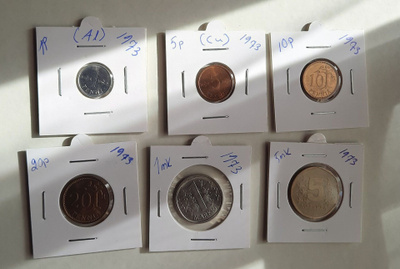 1973, 1p(Al), 5p(Cu), 10p, 20p,1mk ja 5mk