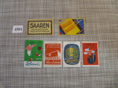 Tulitikkuetikettejä 6 kpl. Mm. Saaren Hehkumattomia ...