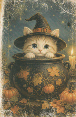 Halloween pieni kissa kurkistaa padasta