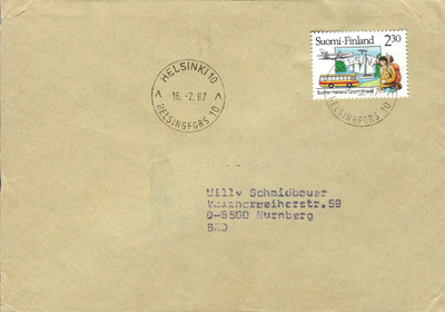 HELSINKI 10 16.2.87 LEIMA KUORI SAKSAAN 2.30MK SUOMEN MATKAI
