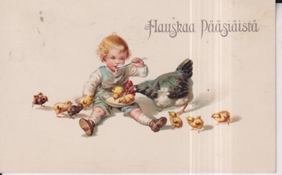 Hauskaa Pääsiäistä. poika , kana, tiput ,  oo   e34