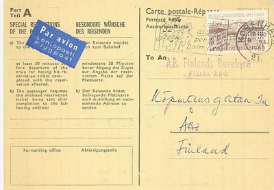 1962 Hki pääkaupunkina lentokorttivastaus Tanskasta