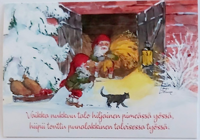 "Tontut ja kissa joulupuuhissa"-UUSI JOULUKORTTI