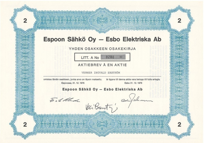 OKK 1976 Espoon Sähkö Oy,  Espoo pörssi osakekirja