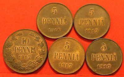 5 kpl Suomi kuparirahaa 1916-17, kiiltoa. (KD31)