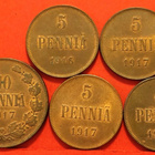 5 kpl Suomi kuparirahaa 1916-17, kiiltoa. (KD31) - pikkukuva 1