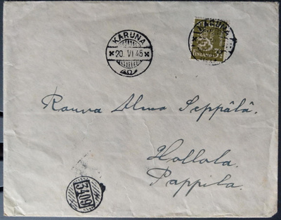 Mlk-linja 3409 kirjeellä, KARUNA 20.6.1945 Hollola