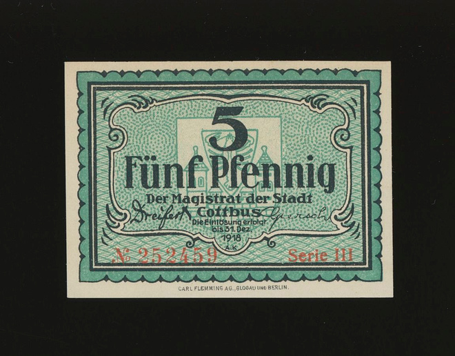 Saksa Notgeld 5 Pfennig, Cottbus
