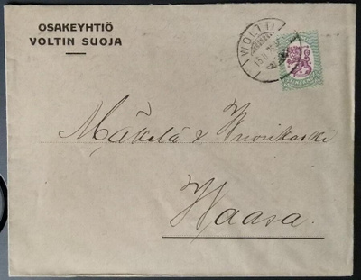 Firmakuori "Osakeyhtiö Voltin Suoja", Woltti 1928 Vaasaan