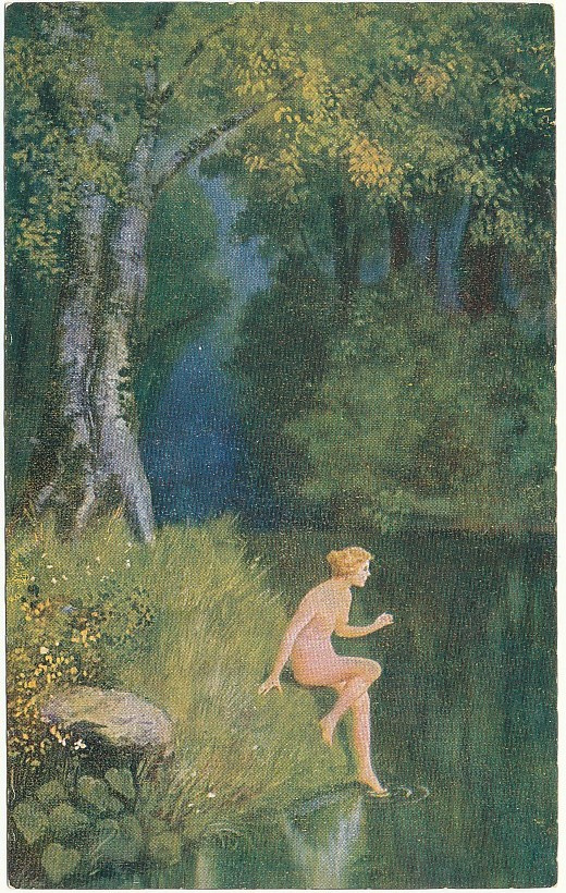 Alaston nainen uimaan menossa - vanha kortti
