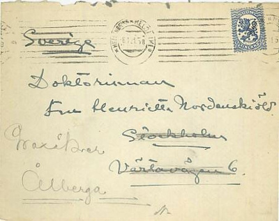 1920 50p sininen kirje Ruotsiin