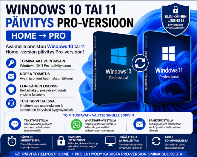 Windows 11 Pro aktivointiavain – päivitys Home -> Pro – heti