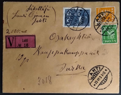 Vakuutettu sinettikirje, Lahti - Turku, 1930