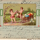 Vanha pääsiäiskortti-cupidot, lammas ja munakuorma, koho - pikkukuva 1