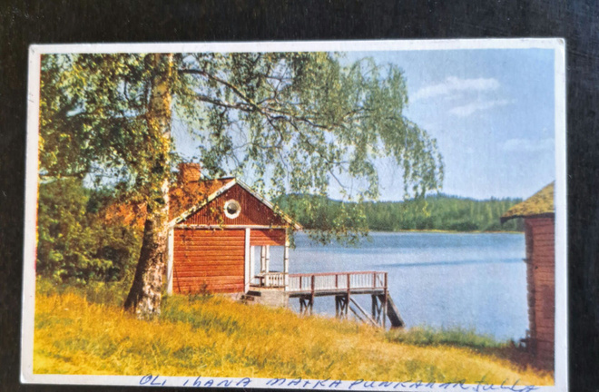 kuvakortti: rantasauna, järvi, kulkenut 1958