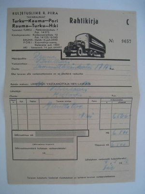 Rahtikirja Kuljetusliike R.Piira v. 1956