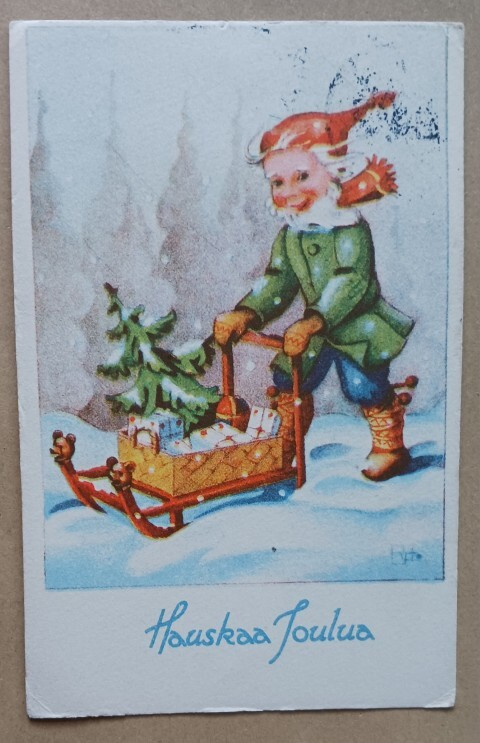 Devadatta Ramstedt: Tonttu työntää kuusta kelkassa, p. 1945