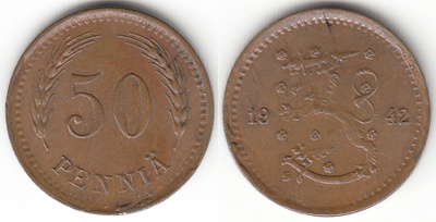50 p 1942 pieni S lähellä kahvaa