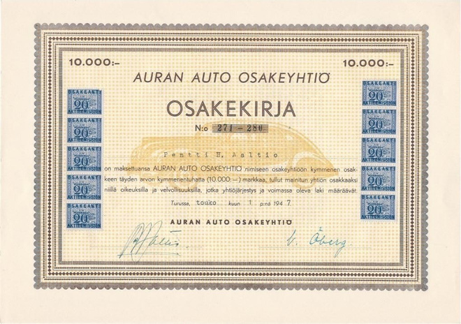 OKK 1947 Auran Auto Oy, Turku osakekirja