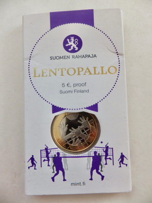 Suomi 5 Euro 2015 Lentopallo PROOF Alkup Pakkaus