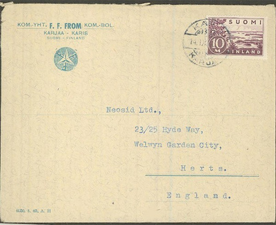 1932 10mk Saimaa kirje 14.IX.45 Englantiin
