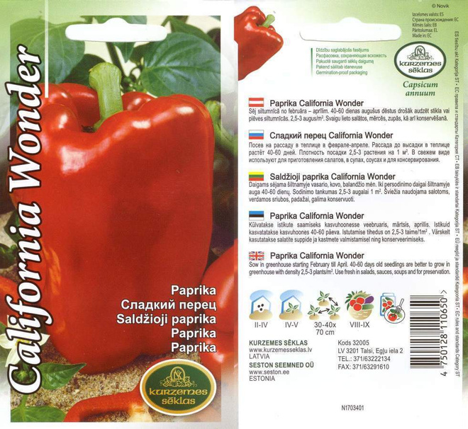Paprika 'California Wonder' siemenet #